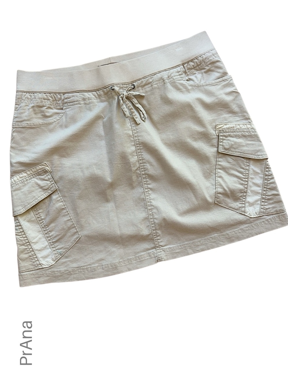 PRANA LINEN COTTON STRETCH BAILEY CARGO SKIRT LIKE NEW DRAWSTRING POCKETS LARGE